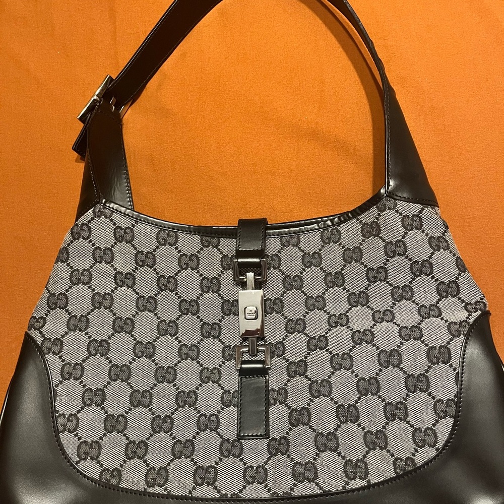 Gucci Gray Monogram Canvas Shoulder Bag with Black Trim